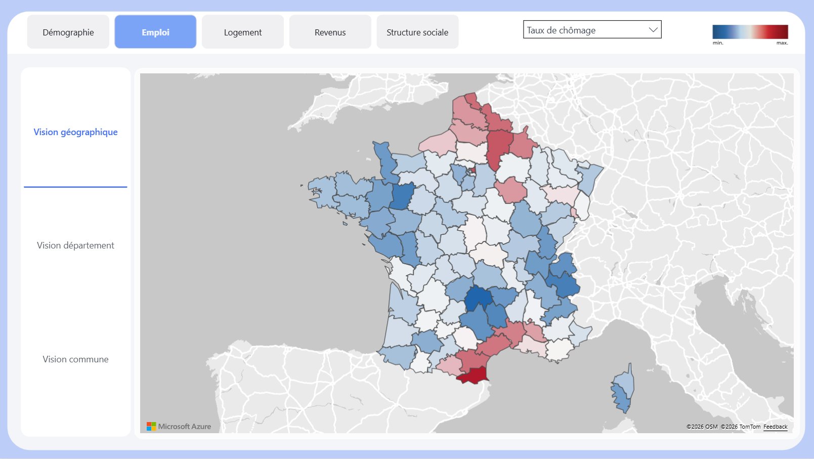 Dashboard Territorys — vision nationale avec carte de France colorée par taux de chômage